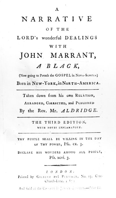 Titelpagina van A Narrative of the Lords Wonderful Dealings with John Marrant, A Black, getranscribeerd door Rev. William Aldridge, 1785 door English School