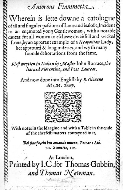 Titelpagina van Amorous Fiammetta door Giovanni Boccaccio, Engelse vertaling gepubliceerd in 1587 door English School