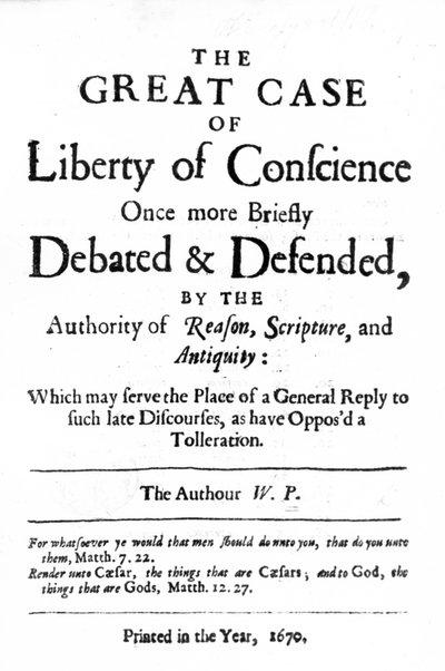 Titelpagina van The Great Case of Liberty of Conscience door William Penn, gepubliceerd in 1670 door English School