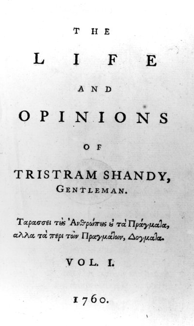 Titelpagina van The Life and Opinions of Tristram Shandy, Gentleman door Laurence Sterne, gepubliceerd in 1760 door English School