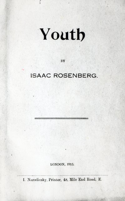 Titelpagina van Youth, een verzameling gedichten door Isaac Rosenberg, eerste editie 1915 door English School