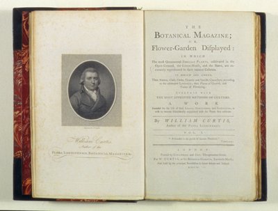 Titelpagina met portret van William Curtis (1749-99), uit The Botanical Magazine or Flower-Garden Displayed, door William Curtis, gepubliceerd 1790 door English School