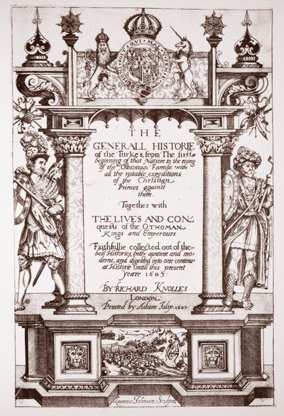 Titelpagina, Knolles Generall Historie of the Turks, uitgegeven door Adam Islip, 1603 door English School