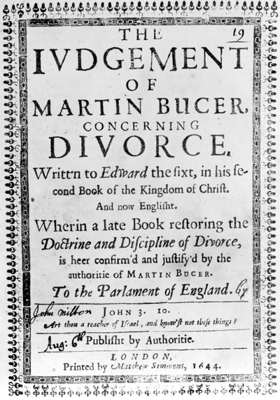 Titelpagina van Het Oordeel van Martin Bucer over Echtscheiding door John Milton, gepubliceerd in 1644 door English School