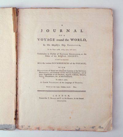 Titelpagina van Een Journaal van een Reis Rond de Wereld in Zijne Majesteits Schip Endeavour in de Jaren 1768, 1779, 1770 en 1771, uitgegeven in Londen, 1771 door English School