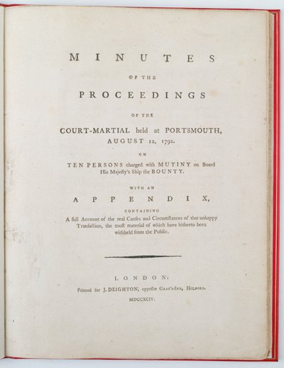 Titelpagina van de Notulen van de rechtszitting gehouden in Portsmouth, 12 augustus 1792, uitgegeven in Londen, 1794 door English School