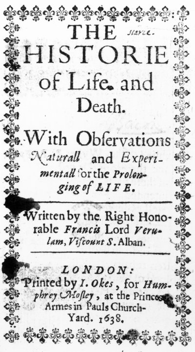 Titelpagina van Francis Bacons The History of Life and Death, gepubliceerd in 1638 door English School