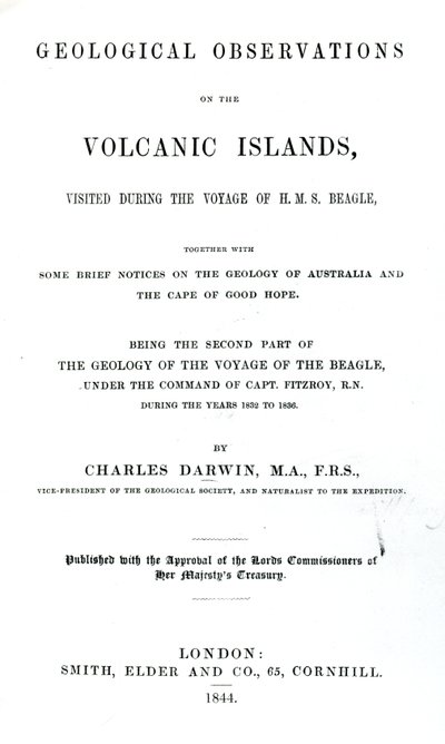 Titelpagina van Geological Observations on the Volcanic Islands door Charles Darwin, 1844 door English School