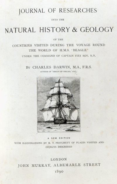 Titelpagina van The Voyage of the Beagle door Charles Darwin, editie gepubliceerd in 1890 door English School
