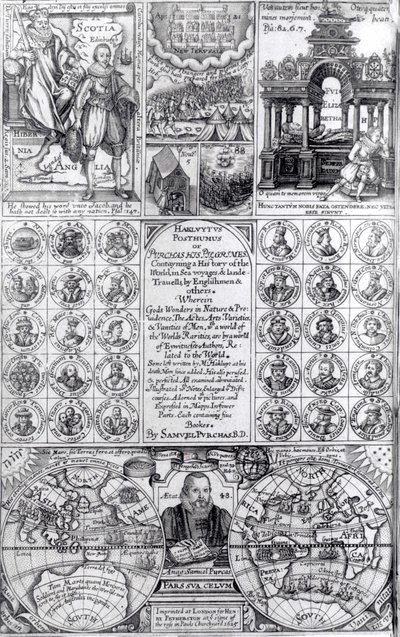 Titelpagina van de eerste editie van Hakluytus Posthumus of Purchas Zijn Pelgrims, gepubliceerd 1625 door English School