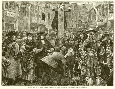 Titus Oates in de Schandpaal van Fleet Street (1685) tijdens het Regeer van Karel II door English School