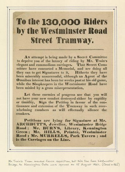 Aan de 130.000 rijders van de Westminster Road Street Tramway door English School