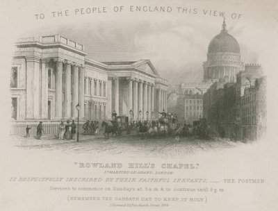 Aan de mensen van Engeland dit uitzicht op Rowland Hills Kapel door English School