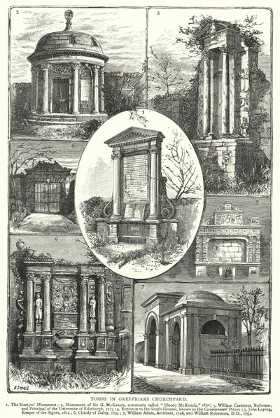 Grafstenen in Greyfriars Kerkhof (gravure) door English School