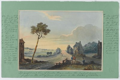 Topografisch uitzicht op Quatre Bras, waar het Engelse leger vocht op 16 juni 1815 voorafgaand aan de Slag bij Waterloo, ca. 1815 door English School