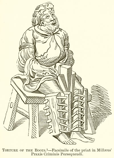 Marteling van de Laarzen.--Facsimile van de prent in Millaeus Praxis Criminis Persequendi door English School
