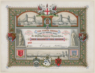 Tower Bridge, Londen, Uitnodiging voor het leggen van de gedenksteen, 21 juni 1886 door English School