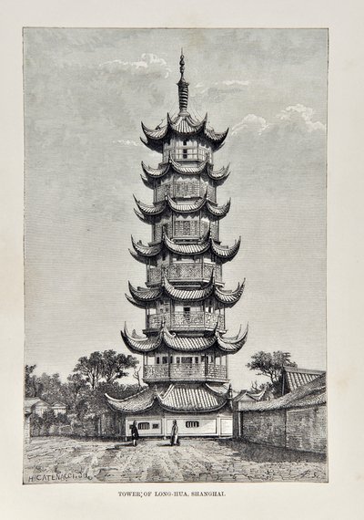 Toren van Long Hua, Shanghai, illustratie uit The Universal Geography, the Earth and its inhabitants, uitgegeven 1878 door English School