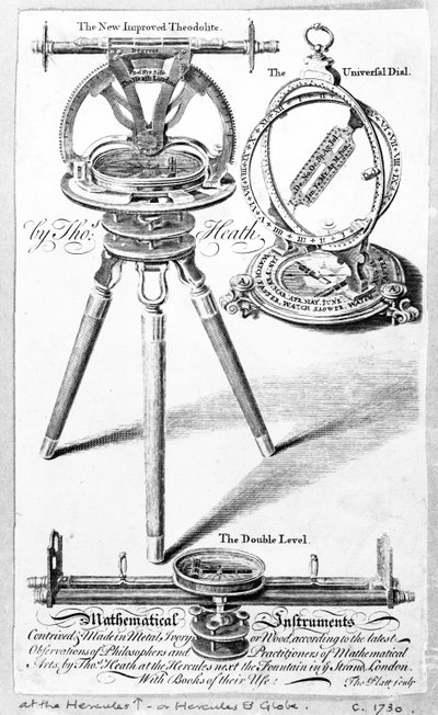 Handelskaart voor Thomas Heath, maker van Wiskundige Instrumenten, print gemaakt door Thomas Platt, ca.1730 door English School