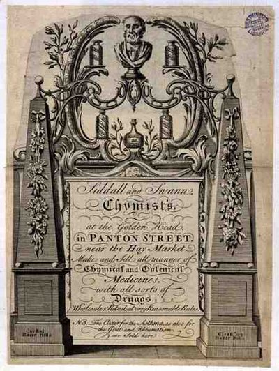 Handelskaart voor Siddall en Swann, chemici, aan het Gouden Hoofd, Panton Street, Londen (gravure) door English School