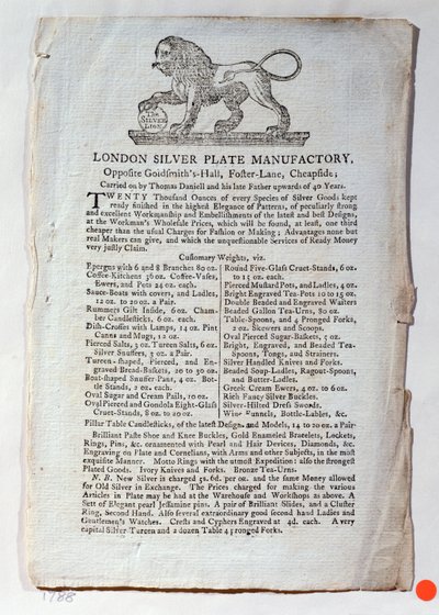 Handelskaart voor de London Silver Plate Manufactory, 1788 door English School