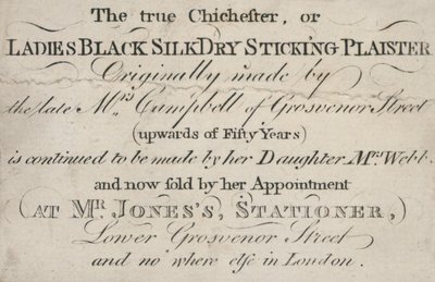 Handelskaart, de echte Chichester, of Ladies Black Silk Dry Sticking Plaister door English School