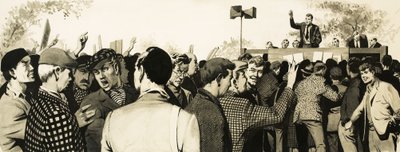 Vakbondsleden bij een openluchtbijeenkomst door English School