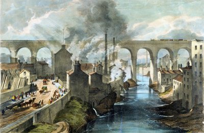 Trein kruist Stockport Viaduct op London  North Western Railway, ca. 1845 (kleurenlitho) door English School