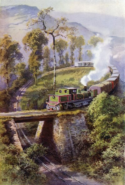 Trein die Agony Point rondt, een lus op de Darjeeling Himalayan Railway, India door English School