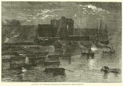 Transport van communistische gevangenen op pontons in de haven van Brest, 1871 door English School