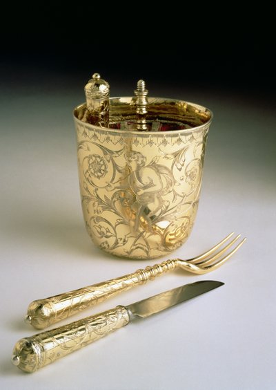 Reisset van een mes, vork, lepel en beker, c.1690 door English School