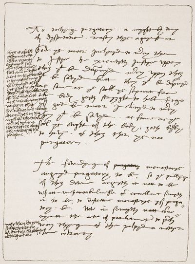 Verhandeling door Latimer in zijn eigen handschrift, waarin hij de leer van de transsubstantiatie betwist, met kanttekeningen in het handschrift van Hendrik VIII, uit De Kerk van Engeland: Een Geschiedenis voor het Volk door H.D.M. Spence-Jones door English School