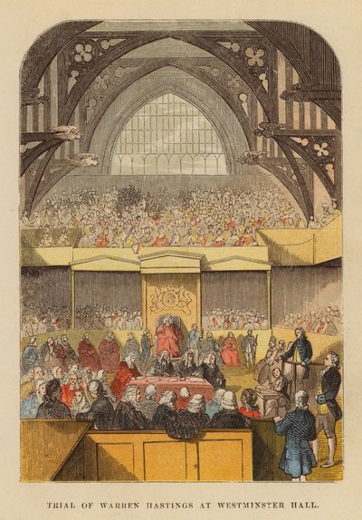 Proces van Warren Hastings in Westminster Hall (gekleurde gravure) door English School