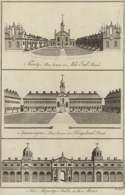 Trinity Almshouses in Mile End Road, Ironmongers Almshouses in Kingsland Road en de stallen van Zijne Majesteit in de Mews, Londen door English School