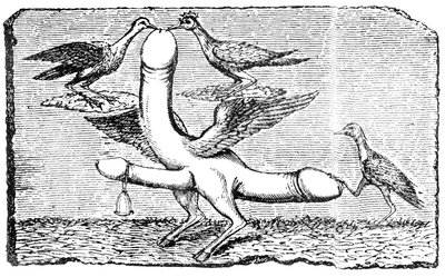 Drievoudige phallus met vleugels, poten en voeten van een geit, een bel, vleugels, twee vogels die aan de grootste penis pikken en een andere vogel die de staart met zijn poot vasthoudt door English School