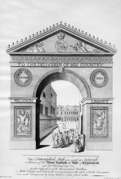Triomfboog opgericht in Norwich ter ere van de Hertog van Cumberland, gegraveerd door Paul Fourdrinier, 1746 door English School