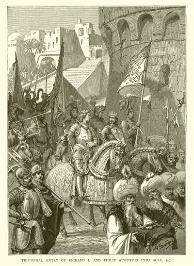 Triomfantelijke intocht van Richard I en Filips Augustus in Akko, 1191 door English School