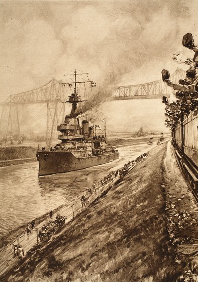 Triomfantelijk bewijs van de Britse maritieme suprematie: H.M.S Hercules passeert door het Kielkanaal, 1914-19 door English School