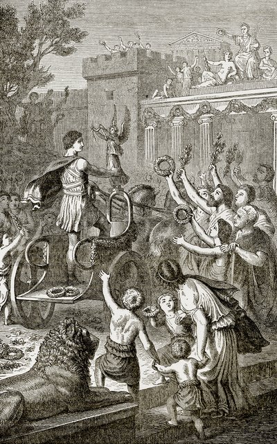 Triomfantelijke terugkeer van een Olympische winnaar, illustratie uit De Geïllustreerde Geschiedenis van de Wereld uitgegeven door Ward Lock, ca. 1880 door English School