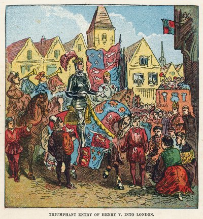 Triomfantelijke intocht van koning Hendrik V in Londen na de slag bij Agincourt door English School