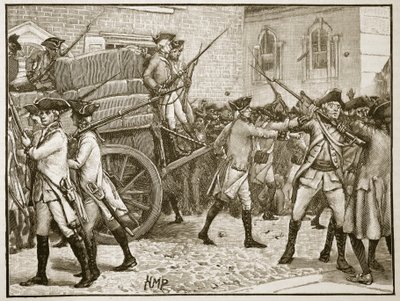 Troepen begeleiden het gestempelde papier naar het stadhuis, New York, 1766, illustratie uit Cassells Illustrated History of England door English School