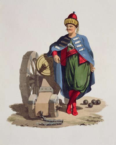 Turkse soldaat, uit Costumes of the Various Nations, Volume VII, The Military Costume of Turkey, door Thomas MacLean, gepubliceerd ca. 1800-18 door English School