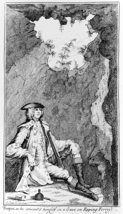 Turpin zoals hij zich verborg in een grot in Epping Forest door English School