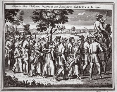 Tweeëntwintig gevangenen in één groep van Colchester naar Londen gebracht, illustratie uit Foxes Martelaren ca. 1703 door English School