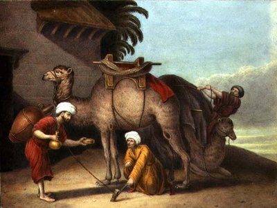 Twee kamelen met begeleiders, c.1825 door English School