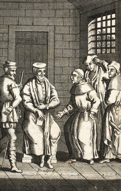 Twee Spaanse monniken praten met meneer Bradford, illustratie uit Foxes Martelaren ca. 1703 door English School