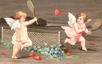 Twee cherubijnen die tennis spelen met een hart als bal door English School