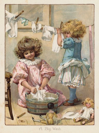 Twee kleine meisjes wassen de kleren van hun poppen door English School