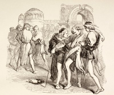 Tybalt wordt dodelijk gewond door Romeo, illustratie uit Romeo en Julia, uit 