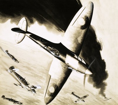 Ongeïdentificeerde Spitfire in luchtgevecht met Duitse jagers door English School
